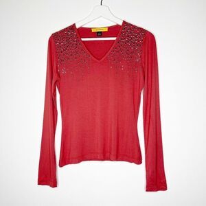 ST. JOHN Studded V-neck Long Sleeve Top 